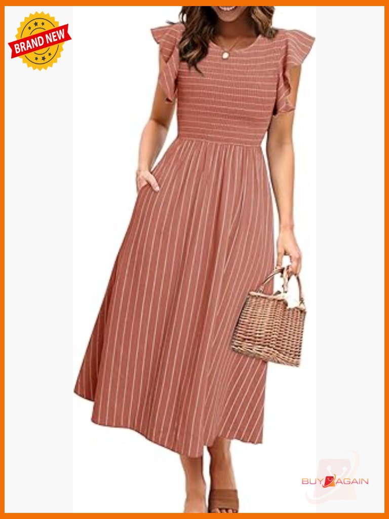Striped Midi Summer Dress Linen Smocked Flutter Sleeve Flowy Casual Dress With